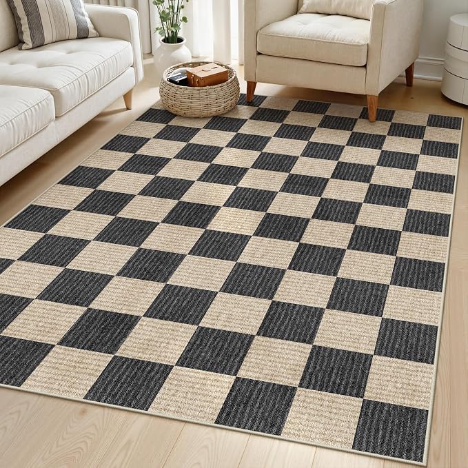 LIVEBOX 4x6 Washable Area Rug Checkered, Non-Slip Small Entryway Rug Black Farmhouse Neutral Classic Geometric Kids Boys Rug for Bedroom Living Room Low-Pile Carpet for Classroom Playroom(Black 4'x6')