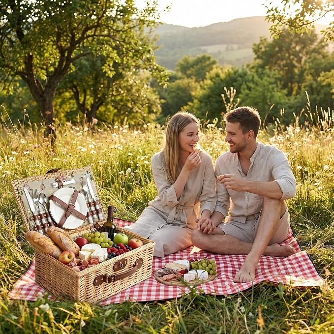 Multifunctional Wicker Picnic Basket Set for 2 Adults with Picnic Table and Blankets,Large Insulated Picnic Set with Wine Pouch and Full Tablewares for Camping Outdoor Couples Beach Wedding Flower