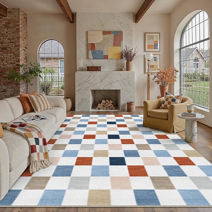 Colorful 8x10 Washable Area Rug Living Room Large Non Slip Carpet | Soft, Low Pile, Modern, Pet Friendly, Indoor Rugs for Bedroom, Office, Nursery, Dining Room, Kids Room