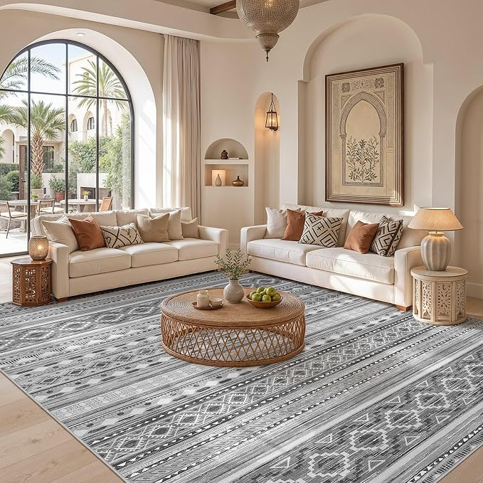 cotiled Boho 9x12 Area Rug for Living Room: Large Moroccan Washable Rug | Stain Resistan Carpet for Bedroom Farmhouse Dining Room Beige Grey