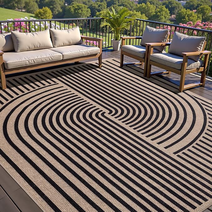Tangsoo Rainbow Easy Jute 6x9 Outdoor Rug for Patio,Black Large Washa Area Rugs Modern Non Slip Indoor Thin Carpet,Farmhouse Office Mat for Backyard Dining Room Living Room Bedromm