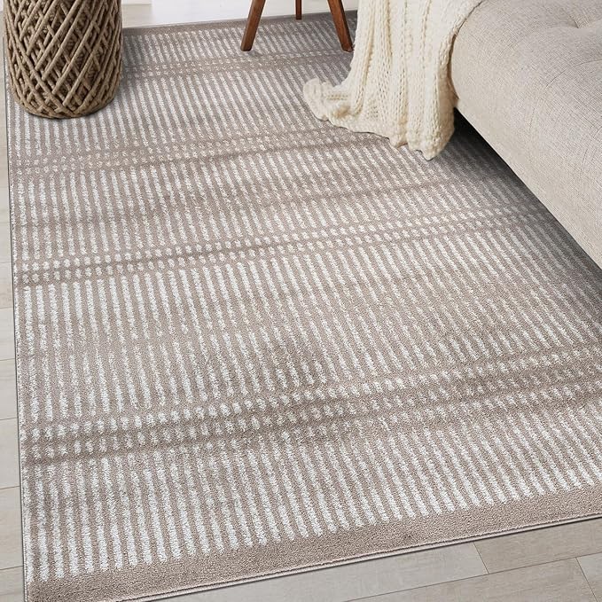 Rugshop Contemporary Stripe Lines High Traffic Area Rug Beige 5' x 7' | Rectangular, Size 5' x 7', Living Room, Bedroom, Dining Room, Home Office, Kitchen, Entryway, Hallway, Nursery, Kids Room