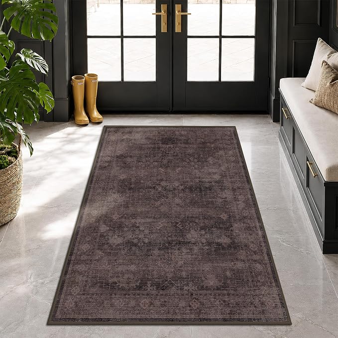 Machine Washable 3x4 Area Rug for Entryway, Kitchen, Bedroom & Laundry Room, Dark Taupe Brown Vintage Rug with Distressed Geometric Design, Low Pile Anti-Slip Backing, Stain & Fade Resistant