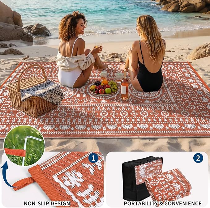 Garvee Reversible Outdoor Rug 5x8 for Patio, Waterproof Outdoor Area Rug, Boho Medallion Indoor Outdoor Carpet for Porch, Plastic Straw Rug for RV, Camping, Deck, Vintage Terracotta