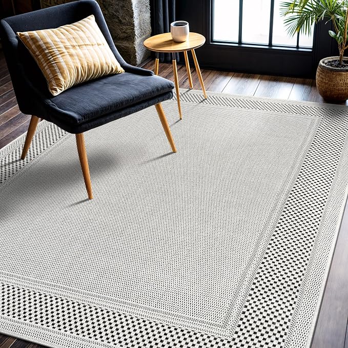 CAMILSON Easy Jute Rug 4x6, Indoor Outdoor Off-White Color Fiber Area Rugs for Living Room Patio and Dining Room Rug, Bordered Boho Woven Design, Easy-Cleaning, Washable Outside Carpet (4 x 6)