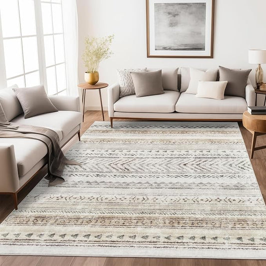 Art&Tuft 5x7 Area Rugs Non Slip, Thin Washable Rugs for Living Room, Brown | Low Pile, Soft & Lighweight, Folable, Stain Resistant Indoor Moroccan Carpet for Bedroom, Kitchen, Dining Room, Home Office