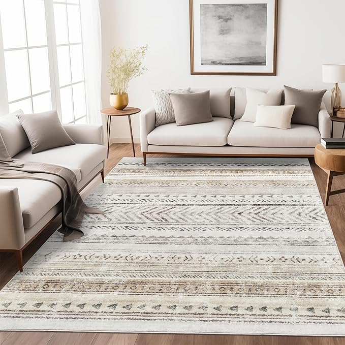 Art&Tuft 4x6 Area Rug Non Slip, Moroccan Washable Rugs for Bedroom, Brown | Low Pile, Soft & Lighweight, Thin, Folable, Stain Resistant Indoor Carpet for Living Room, Kitchen, Coffee Table, Powder Room