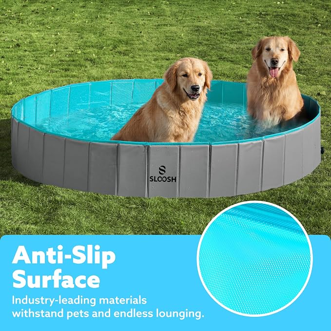 SLOOSH Foldable Dog Kiddie Pool - Portable Hard Plastic Doggie Swimming Pool, Anti-Slip Collapsible Pets Bath Tub Suitable for Kids Toddler Indoor Outdoor Backyard Use (Gray, 63" x 12")