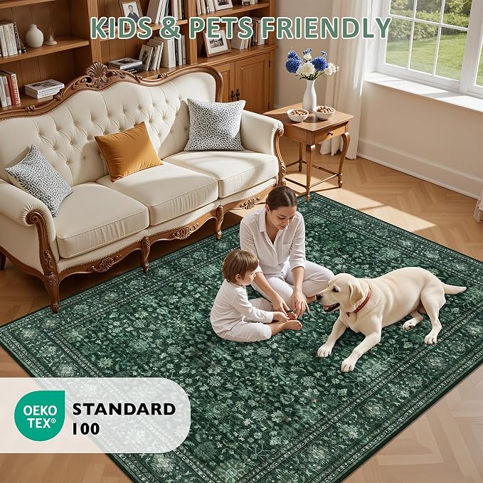 3x5 Area Rugs Living Room: Washable Rug for Bedroom Deep Green | Boho No Slip Stain Resistant Rug Soft Indoor Decor Floor Floral 3x5 Area Rugs for Dining Room, Nursery, Hallway, Home Office