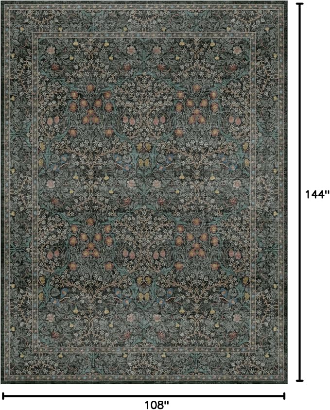 Washable Dark Green Rug for Living Room - 9x12 Large Area Rug for Dining Room Under Table, Bedroom, Soft Low Pile Non-Slip Stain Resistant Carpet - Vintage Floral Design (9x12 Dark Green)