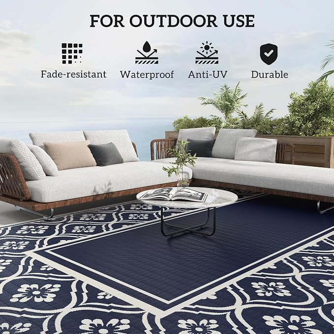 Outsunny Outdoor Rug for Patio, 9' x 18' Waterproof Large Mat, Reversible Plastic Straw Rug for Decor, Portable Outside RV Camping Area Carpet Mat for Backyard Porch Deck Picnic, Blue & White Gourd