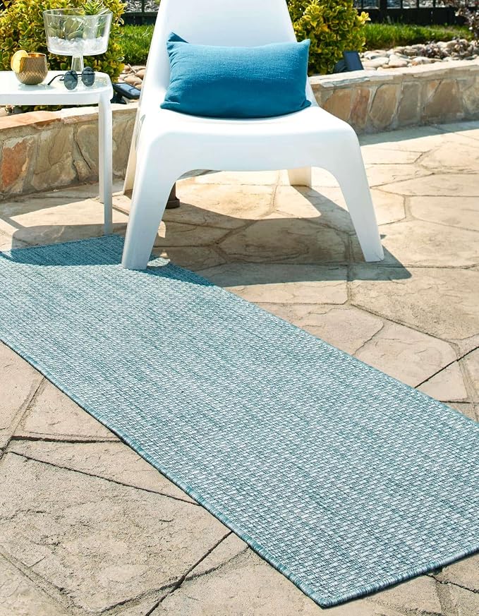 Unique Loom Collection Casual Transitional Solid Heathered Indoor/Outdoor Flatweave Area Rug (2' 7" x 10' Runner, Aquamarine/Ivory)