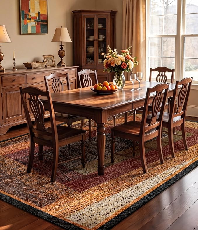 Brown Geometric Woody Area Rug 6x9 for Living Room,Retro Farmhouse Rugs Washable,Vintage Rug Non Slip, Boho Area Rug for Kitchen,Dining Room,Bedroom
