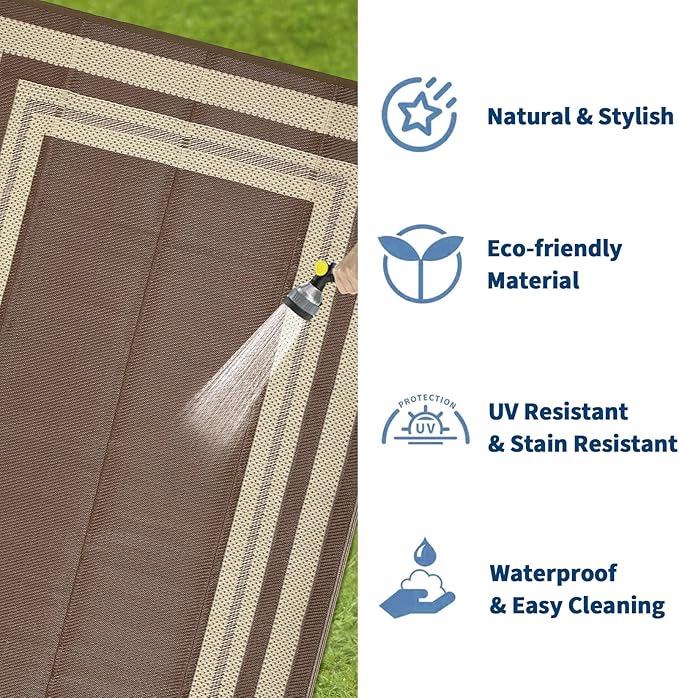Garvee 8x10 Outdoor Rug Waterproof Plastic Straw Rug Outdoor Patio Rugs Reversible Mat Easy Clean Foldable Lightweight Large Area Rugs for Patio Porch Backyard Camping RV Beach Balcony Panel Coffee