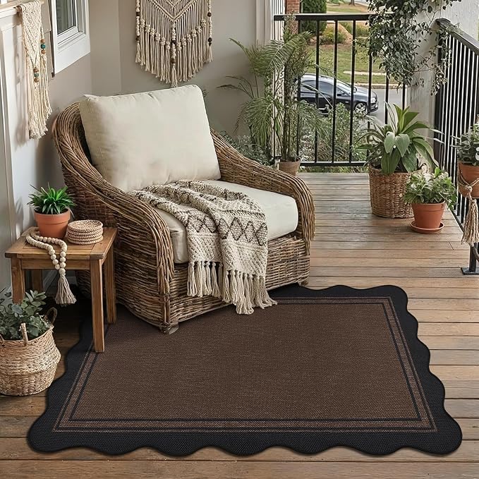 Easy Jute 3x5 Outdoor Rug Washable Non Slip Rug for Entryway Indoor Outdoor Farmhouse Neutral Scalloped Carpet for Backyard Patio Proch Living Room