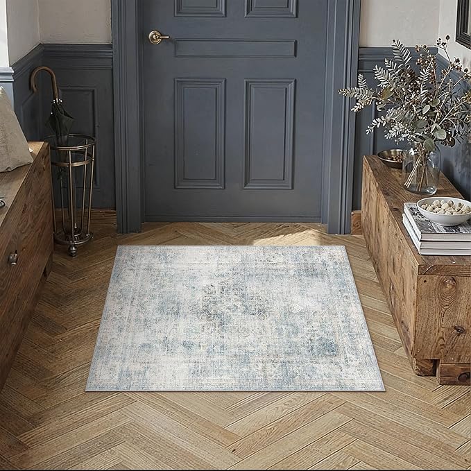 2x3 Blue Vintage Area Rug | Washable, Non Slip, Soft Low Pile, Neutral Farmhouse, for Entryway Kitchen Bathroom Living Room Bedroom Indoor Home Decor