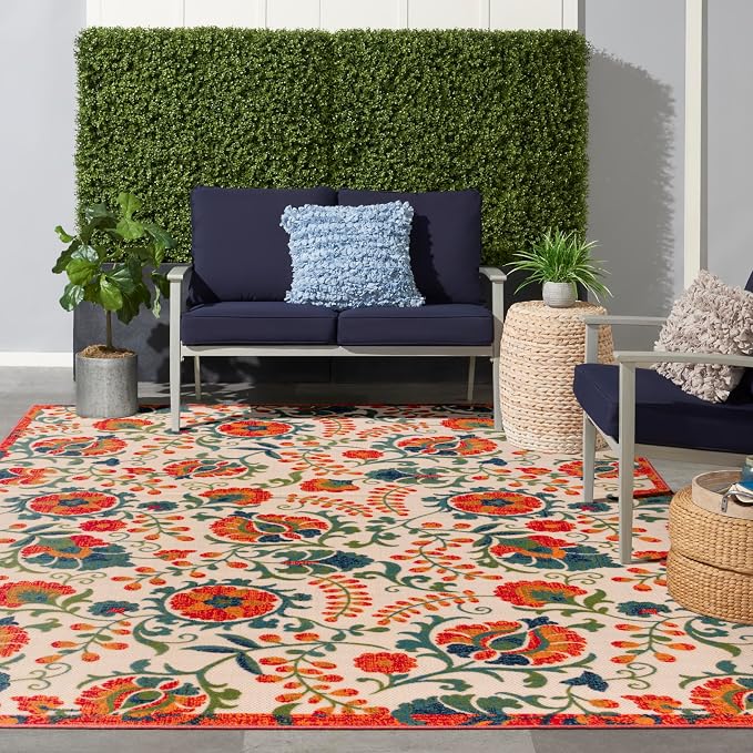 Nourison Home Aloha Red Multicolor 7'10" x 10'6" Area Rug - Easy Clean, Non Shedding, Bed Room, Living Room, Dining Room, Kitchen (8' x 11')