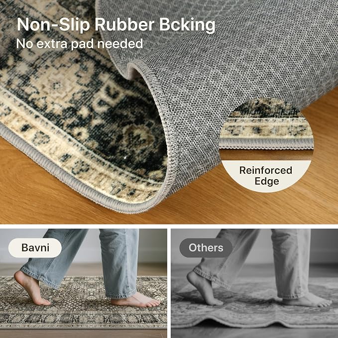 2x8 Kitchen Runner Rug, Washable Non Slip, Beige Brown | Vintage Floral Design, Spill Resistant Lightweight Low Pile Carpet for Hallway, Bedroom, Laundry Room, Bathroom