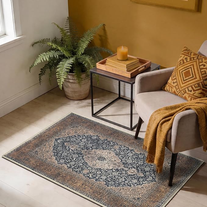 Keen Home Design Vintage Washable Entryway Rug, Non-Slip Low Pile, 2x3 | Machine Washable Cotton Chenille, 0.25In Low Pile, Rubber Non-Slip Back; Kitchen, Entryway, Bathroom, Bedside