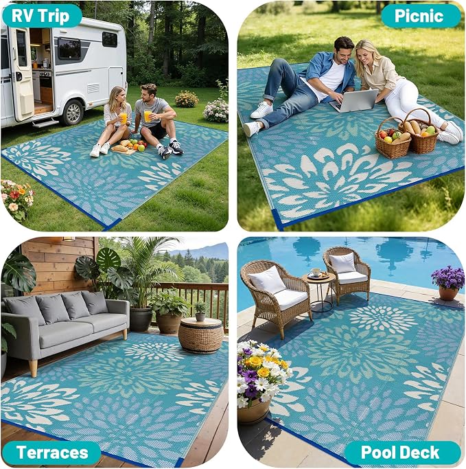 HEBE Waterproof Outdoor Rug 6x9 for Patios, Floral Reversible Plastic Straw Rug Patio Mat, Indoor Outdoor Carpet RV Mat Camping Rug for Deck, Camper, Porch, Balcony, Backyard, Picnic