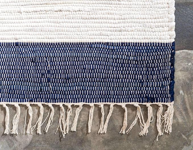 Unique Loom Chindi Rag Collection Area Rug - Striped (2' 2" x 10' Runner, Navy Blue/ Ivory)