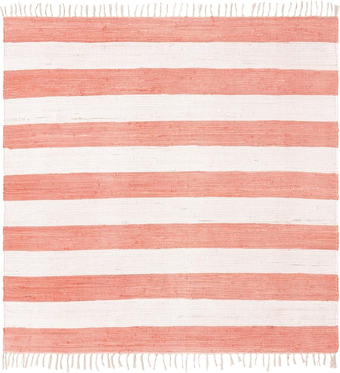 Unique Loom Chindi Rag Collection Area Rug - Striped (7' 10" Square, Coral and Ivory)