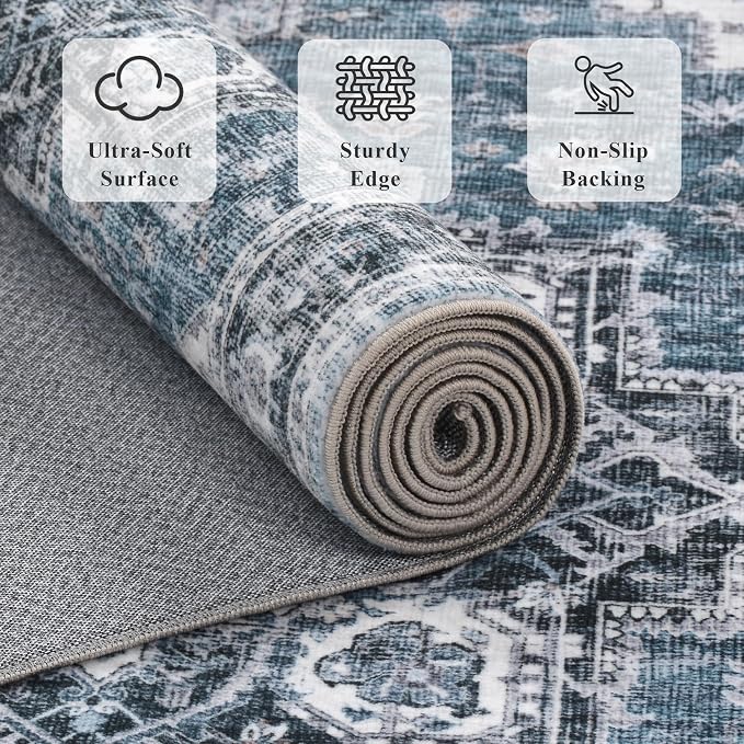 6x9 Area Rug for Living Room Soft Washable Vintage Area Rug | Non-Slip, Retro Print, Low Pile, Stain Resistant, Soft Washable Blue Carpet, for Bedroom, Dining Room, Nursery, Home Office
