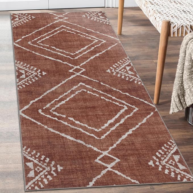 Machine Washable Area Rug Runner - Living Room Bedroom Bathroom Kitchen Entryway Office - Padded Low Pile Stain Resistant Premium - Moroccan Diamond Tribal - Jax - Orange 2'6" x 8'