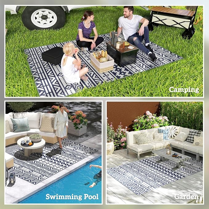 Outsunny Outdoor Rug for Patio, 6' x 9' Waterproof Large Mat, Reversible Plastic Straw Rug for Decor, Portable Outside RV Camping Area Carpet Mat for Backyard Porch Deck Picnic, Blue & White Geometric