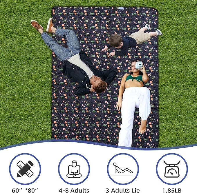 Outdoor Picnic Blanket Blue Floral 60"x80" Sandproof Beach Blanket Waterproof Picnic Blankets Foldable for Caming, Beach, Outdoor Activities.
