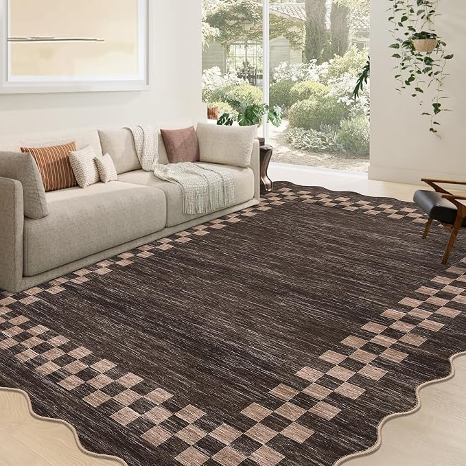 GarveeHome 8x10 Rug for Living Room Scalloped Washable Large Bedroom Rugs | Non Slip Stain Resistant Modern Border Dining Room Throw Carpet Neutral Scalloped Rug for Home Decor Office Nursery, Brown