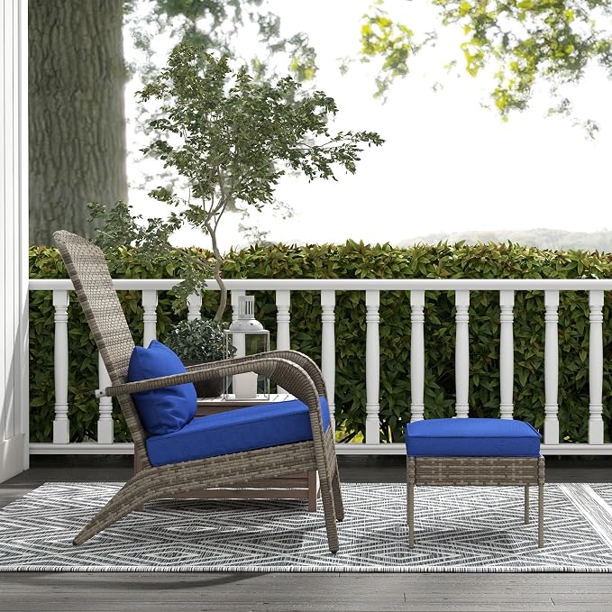 Outsunny Patio Wicker Adirondack Chair with Ottoman, Outdoor Fire Pit Chair with Cushions, High-Back, Large Seat & Armrests for Deck, Garden & Backyard, Dark Blue