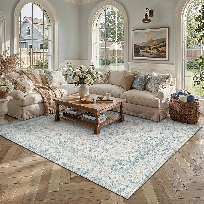 9x12 Blue Neutral Living Room Area Rug | Washable, Low Pile, Accent, Vintage, Soft, Non Slip, Large Carpet for Bedroom Dining Room Nursery Indoor Home Decor