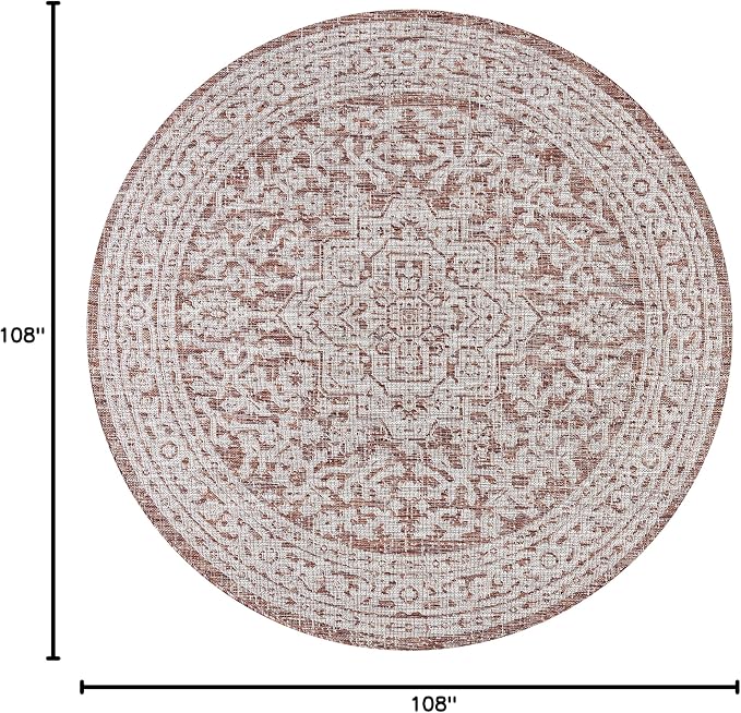 JONATHAN Y Medallion Weave Indoor Outdoor Round Area Rug 9 Ft Red/Taupe, Sinjuri Textured for Backyard, Patio, Porch, Easy-Cleaning, High Traffic, Pet-Friendly, Non-Shedding (SMB101A-9R)