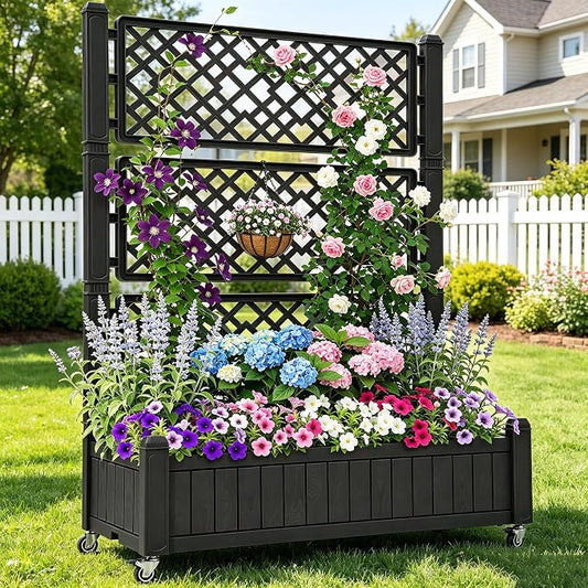 YITAHOME 3.6x1.5x5 FT Planter Box Trellis with Wheels, Large Outdoor Plastic Raised Garden Bed with Drain Plug for Climbing Plants, Black