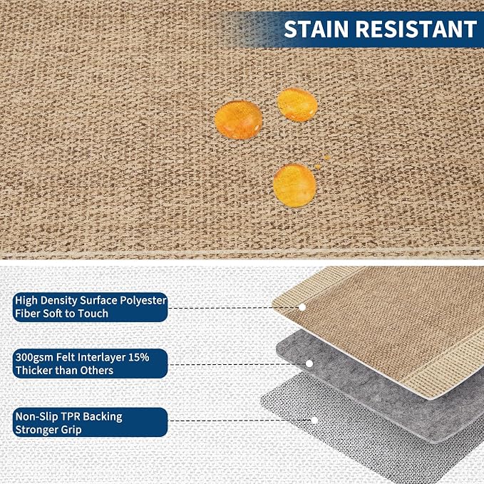 GarveeHome Washable Area Rug 10x13 Modern Bordered Large Living Room Rugs | Bedroom Throw Carpet with Rubber Backing Low Pile Stain Resistant Contemporary Rug for Dining Room Home Office, Khaki