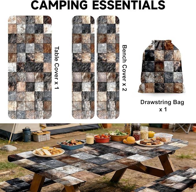 NYZE 3 Pieces Picnic Table Cover with Bench Covers Set, Camping Tablecloth, Tablecloth Cover with Drawstring Bag, Camping Essentials for Outdoor Picnics, Patio, BBQ (Stone Tile)