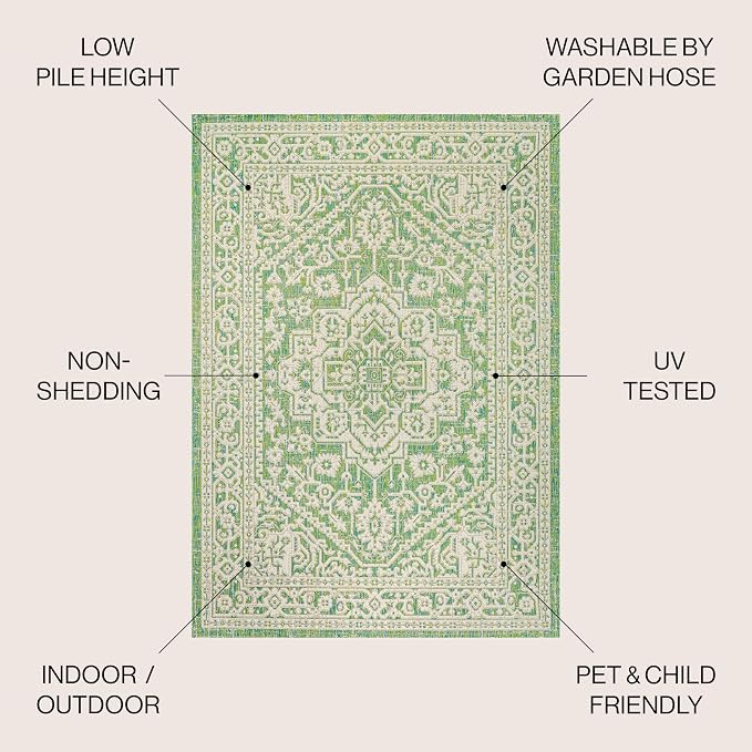 JONATHAN Y Medallion Weave Indoor Outdoor Area Rug 5X8 Cream/Green, Sinjuri Textured for Backyard, Patio, Porch, Easy-Cleaning, High Traffic, Pet-Friendly, Non-Shedding (SMB101H-5)