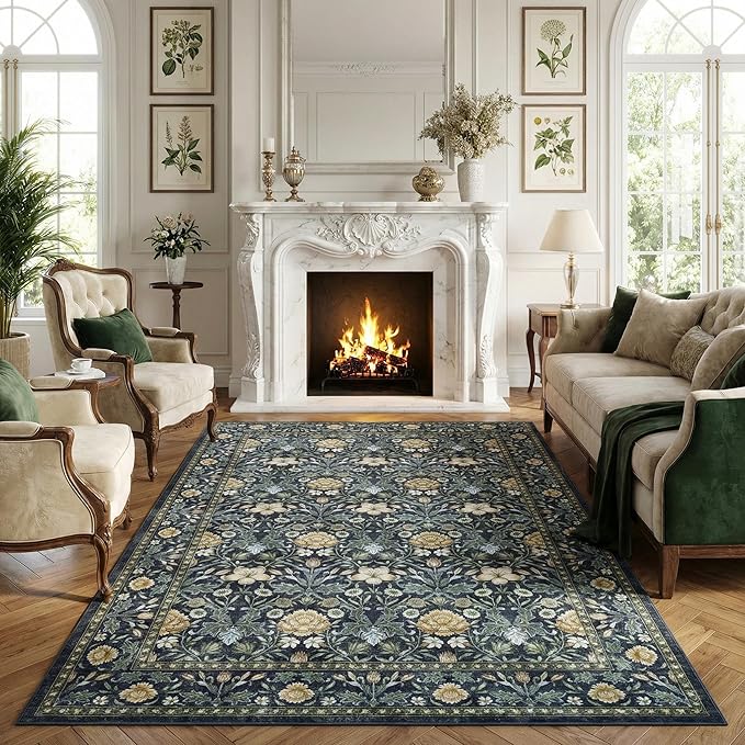 GarveeHome Washable Area Rug 5x7, Retro Floral Low Pile Non Slip Living Room Rug Soft Cottage Core Rug Farmhouse Indoor Carpet for Bedroom Dining Room Playroom