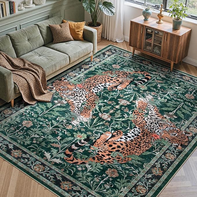 Moynesa Leopard Washable Rugs, 8x10 Area Rugs for Living Room, Soft Large Jaguar 8x10 Bedroom Rug, Non Slip Ultra Thin Floor Carpet for Dining Room Home Office, Green