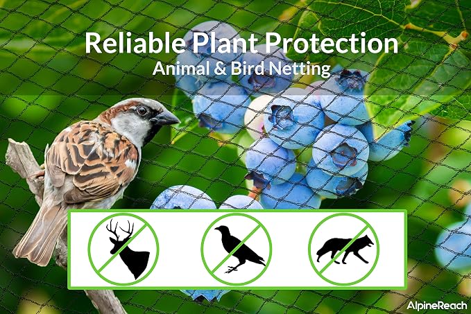 AlpineReach Garden Netting 15 x 50 ft Heavy Duty Bird Net, Deer, Plant Protection Extra Strong Woven Mesh, Reusable Kit with Zip Ties, Animal Fencing for Fruits Trees, Green