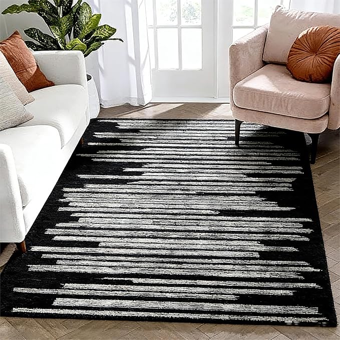 GarveeHome Washable Area Rug 4x6 Modern Non Slip Rug for Living Room Dorm | Stain Resistant Low Pile Carpet Perfect for Bedroom Kitchen Hallway Home Office, Black