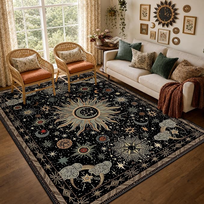 Vacuum-Friendly, 6x9 Washable Area Rug, Black Green Beige | Sun and Moon Boho Gothic Non-Slip Low Pile Living Roon Bedroom Dining Room Kitchen Entry Entryway Entrance Hallway Doormat