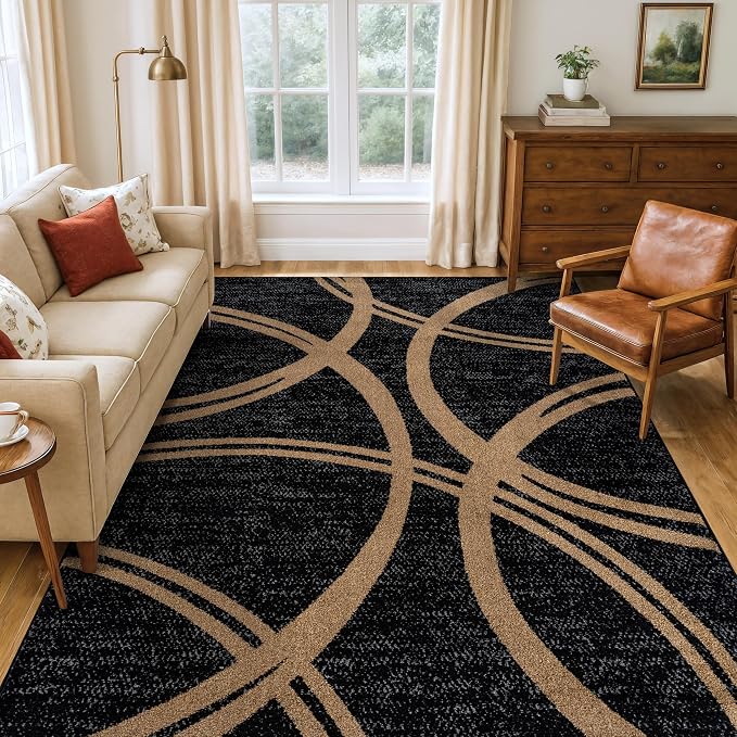 Rugshop Wavy Circles Modern Non-Shedding Area Rug Camel 5'3" x 7'3" | Rectangular, Size 5'3" x 7'3", Living Room, Bedroom, Dining Room, Home Office, Kitchen, Entryway, Hallway, Nursery, Kids Room