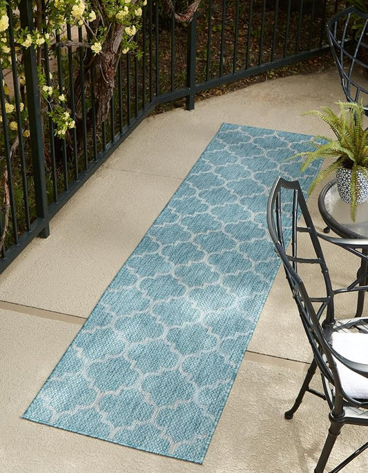 Unique Loom Trellis Collection Area Rug-Lattice Design, Moroccan Inspired for Indoor/Outdoor Décor, 2 ft x 8 ft Runner, Aquamarine/Gray