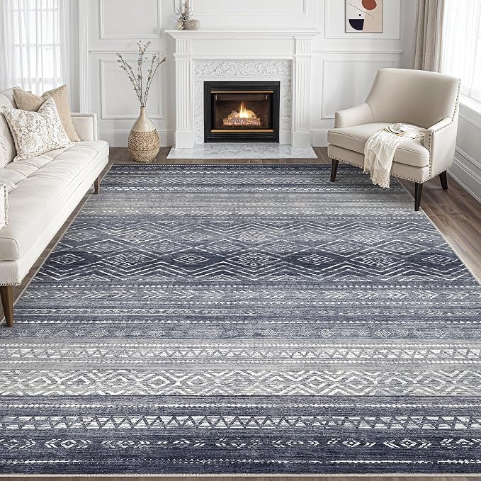 Tortania Area Rug Living Room Rugs- 9x13 Washable Large Soft Neutral Boho Moroccan Bohemian Farmhouse Rug Indoor Floor Carpet for Bedroom Under Dining Table Home Office Decor - Blue Gray