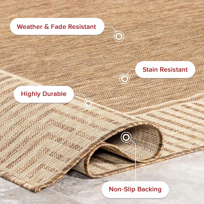 Nuloom Asha Light Brown/Ivory, 6'7" Round, Casual, Striped Border, Soft and Cozy, High Traffic, Easy Clean, Durable Area Rug for Indoor/Outdoor Patio, Deck, Porch, Garden, Courtyard