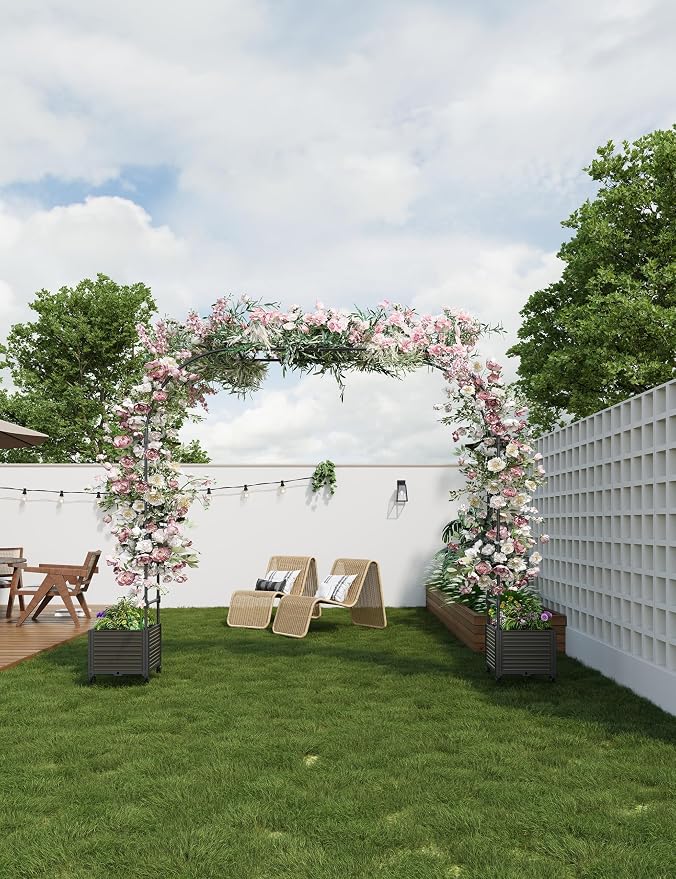 87" Tall Garden Arch Trellis for Climbing Plants – Metal Wedding Arch with Planter Box, Flower Frame Backdrop Stand – Rustproof Arbor for Wedding, Party, Balloon Decor & Outdoor Plant Support