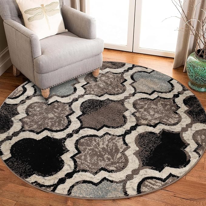 Superior Modern Indoor Area Rug, Non Slip Rug, 5' Round, Ivory | Geometric Design Floor Décor, Easy Care High Traffic Areas Living Dining Room, Bedroom, Office, Entryway, Viking Collection