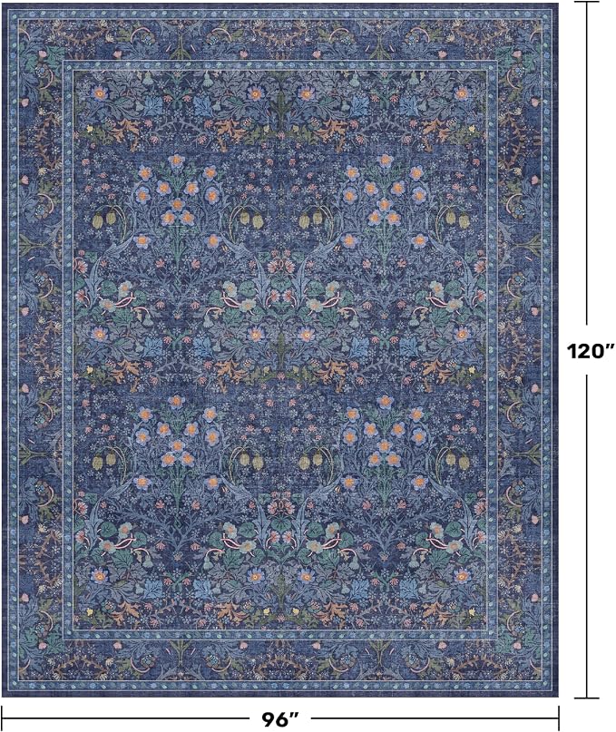 Dark Blue Living Room Rug 8x10, Vintage Floral Washable Area Rugs for Bedroom, Dining Room Under Kitchen Table, Oriental Low Pile Stain Resistant Non-Slip Large Navy Indoor Decor